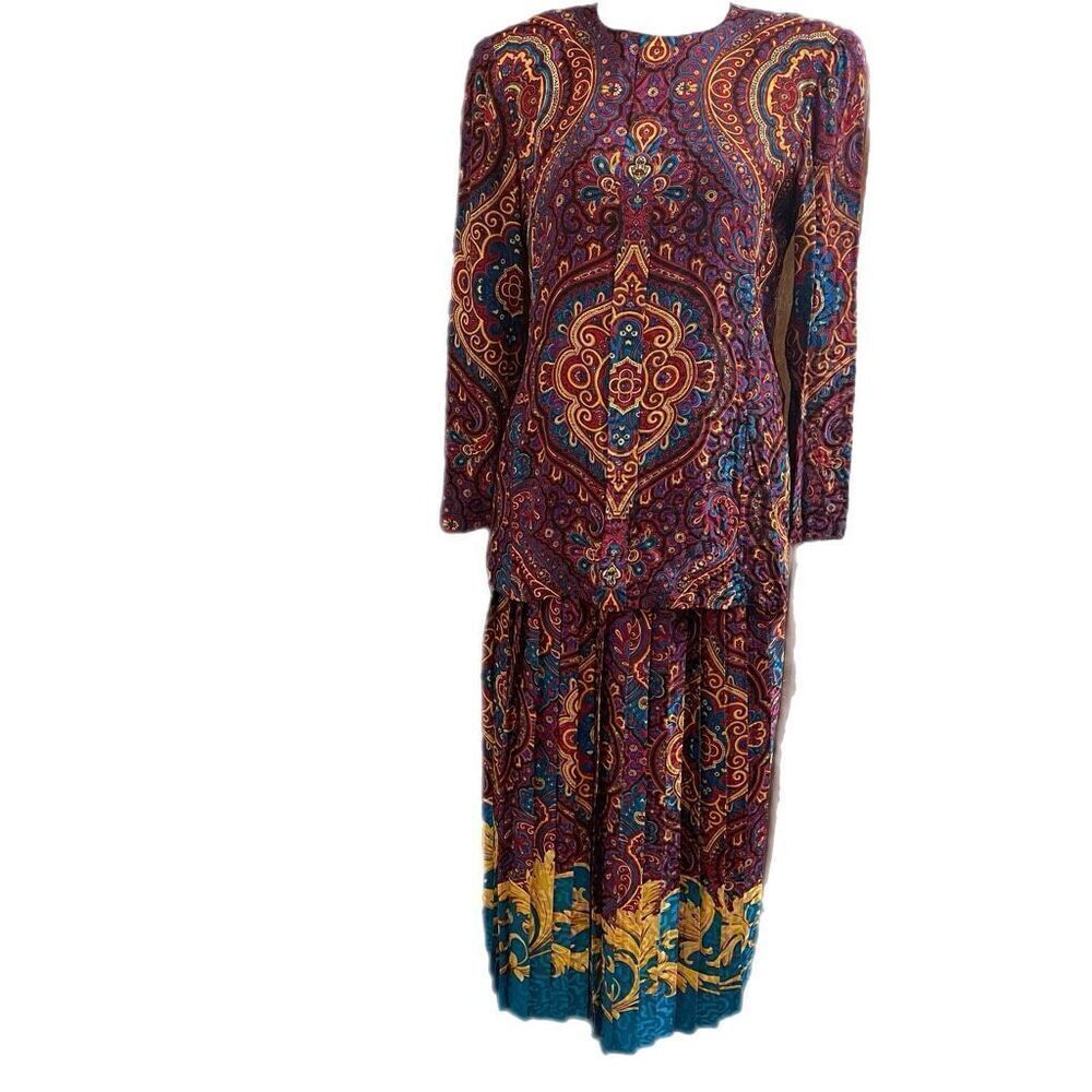 Richard Warren VTG 100% Silk Paisley Skirt Set Size 14